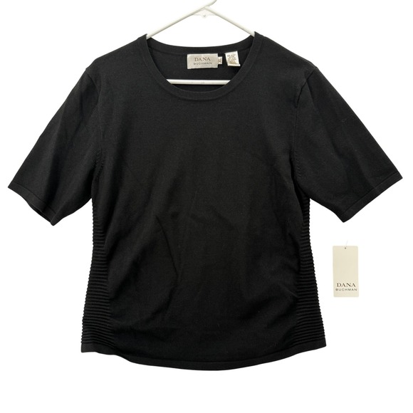 Dana Buchman Shirt Womens XL Black Short Sleeve Ribbed Side Stretch Top NWT - Picture 1 of 6